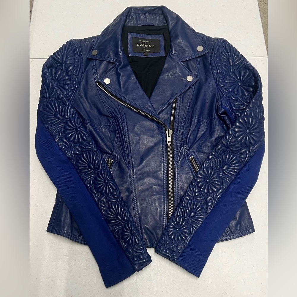 River Island Women's Floral Blue Leather Jacket